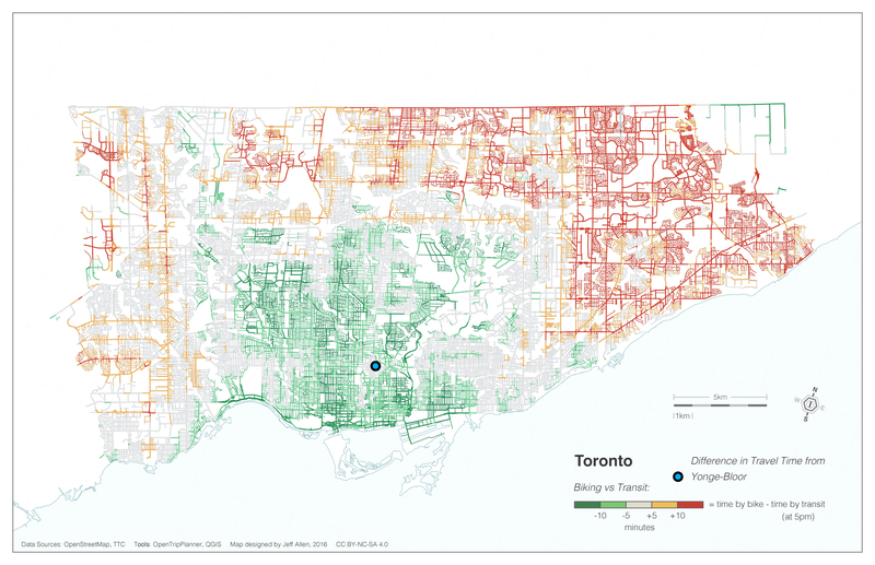 Bike vs Transit Map in Toronto (Jeff Allen)